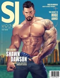 1boy 2018 bodybuilder caucasian caucasian_male looking_at_viewer magazine_cover male male_only muscles muscular muscular_male posing real_person shawn_dawson silverjow sj_magazine solo solo_male tattoo text writing