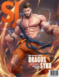 1boy 2018 abs bodybuilder caucasian caucasian_male dragon_ball dragon_ball_z dragos_syko fitness_model magazine_cover male male_only muscles muscular muscular_male pecs real_person ripped_pants silverjow sj_magazine solo solo_male son_goku_(cosplay) text thick_thighs writing