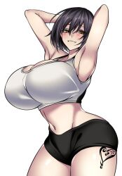 1girls armpits arms_behind_head belly belly_button big_breasts blush boobs booty_shorts breast breast_bigger_than_head camui_kamui_(hz_666v) cute dark_hair enormous_breasts female female_only fit fit_female hourglass_figure huge_breasts large_breasts light-skinned_female light_skin massive_breasts original pale-skinned_female round_breasts seductive seductive_eyes seductive_look seductive_smile short_hair shorts slutty_outfit smile solo tattoo thick thick_thighs top_heavy voluptuous voluptuous_female