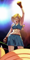 1girls after_fight arwald big_breasts blood blue_eyes blue_shorts boxing boxing_gloves boxing_ring breasts brown_boxing_gloves brown_gloves bruises cute_eyes cute_face earrings female gloves hair_over_one_eye light-skinned_female light_skin lips long_hair mario_(series) midriff nintendo platinum_blonde_hair pov princess_rosalina raised_arm shorts sports_bra sportswear star_earrings victory wide_hips