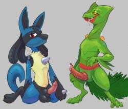 anatomically_correct anatomically_correct_genitalia anthro balls bodily_fluids drooling duo erection genital_fluids genitals hi_res licking licking_lips looking_at_viewer lucario male male/male male_only nintendo penis pokemon pokemon_(species) precum saliva sceptile tongue tongue_out video_games zombieeparty