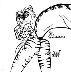 anthro ass breasts female genitals hybrid looking_back monochrome nude porn_star pussy reddragonkan simple_background solo striped_body stripes traditional_media_(artwork) zig_zag