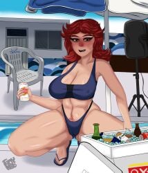 alternate_version_available beer beer_bottle beer_can big_breasts bikini bottle crouching drunk light-skinned_female light_skin original original_character pool red_hair tonynoob