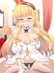 1boy 1boy1girl 1girls areolae azur_lane blonde_hair blue_eyes blurry blurry_background blush breasts breasts_out censored commentary_request cowgirl_position crotchless crotchless_panties eyebrows_visible_through_hair female gloves gritted_teeth hair_ribbon hairband hands_on_thighs highres long_hair looking_at_viewer nipples open_mouth pale-skinned_female pale_skin panties partially_clothed pov pussy pussy_juice pussy_juice_drip queen_elizabeth_(azur_lane) sex shin'yashiki small_breasts solo straddling sweat underwear vaginal_sex