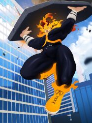 1boy action_pose armpits arms_up bara belly belt belt_buckle biceps big_penis boots bottomwear building bulge bulge_through_clothing calves clothed clothed_male clothes clothing color colored costume endeavor_(my_hero_academia) enji_todoroki flame flames footwear front_view full_body hair hero_outfit_(mha) hips holding_object human human_only knees large_penis legs legs_apart light-skinned_male light_skin looking_down low-angle_view male male_focus male_only midair muscle muscles muscular muscular_arms muscular_legs muscular_male muscular_thighs my_hero_academia outdoors outside pecs penile penis pose posing red_hair shoes short_hair skin_tight skyscraper solo solo_focus solo_male source_request spiky_hair stomach sunlight suspended_in_midair thick_thighs thighs tight_clothing topwear uni0421 wristwear yaoi yetigo