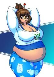 1girls asian asian_female bbw belly big_belly big_breasts breasts brown_hair chubby cleavage fat female glasses hands_behind_head large_breasts mei_(overwatch) novbert overwatch pajamas pajamei plump_lips pregnant thick_thighs wide_hips