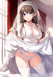 big_breasts blue_eyes boku_no_kanojo_sensei bridal_veil bride brown_hair fujiki_maka garter_straps oryou panties skirt_lift teacher wedding_dress wedding_veil