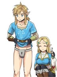 1boy 1girls blonde_hair boots breasts breath_of_the_wild chastity chastity_belt chastity_key clothed earring female femdom holding_key key keyholder lifting_shirt link link_(breath_of_the_wild) long_hair male malesub medium_breasts monbetsu_kuniharu nintendo princess_zelda shirt shirt_only squatting the_legend_of_zelda zelda_(breath_of_the_wild)