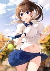 big_breasts blue_eyes blush boku_no_kanojo_sensei bra_visible_through_clothes brown_hair fujiki_maka oryou panties sweat teacher tennis_ball tennis_racket tennis_uniform