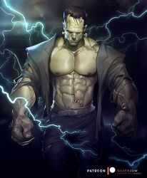 1boy frankenstein frankenstein's_monster green_skin halloween lightning male_only monster muscles muscular muscular_male open_shirt scars silverjow