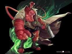 cigar demon gun hellboy hellboy_(series) looking_at_viewer male male_only muscles muscular muscular_male red_skin shirtless_male silverjow smiling_at_viewer solo solo_male superhero