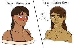 1girls 2020 blush brown_hair chocolate_chips confused_look cookie dark-skinned_female dark_skin female female_only food food_creature human implied_futanari kelly_(sparklinglava) large_breasts looking_at_another pink_eyes solo sparklinglava tagme