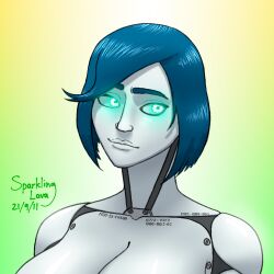 2021 big_breasts blue_eyes blue_hair cleavage glowing_eyes gynoid implied_nudity looking_away michelle_(sparklinglava) naked sparklinglava tagme