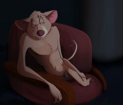 anthro artist_name ayvee balls basil_(disney) brown_body brown_fur character_name copyright_name disney fur furniture genitals grin hand_on_leg inside looking_aside male male_only mammal mouse murid murine nude penis rodent skinny_male smile sofa solo tagme teeth the_great_mouse_detective