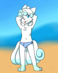 alolan_form alolan_vulpix anthro beach blue_eyes bulge clothing fiona_(artist) fubuki_(rushthewolf) fur hi_res leg_markings male markings nintendo one_eye_closed pokemon pokemon_(species) regional_form_(pokémon) seaside socks_(marking) solo swimwear tongue tongue_out video_games vulpix white_body white_fur wink