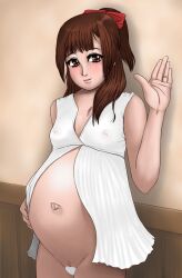 bedroom bow brown_eyes brown_hair chubby_cheeks chubby_female drg exposed_belly exposed_pussy hand_on_belly long_hair looking_at_viewer nightgown plump plump_thighs pregnant pregnant_belly pregnant_female pussy ready_to_pop ring_(jewelry) smile smiling_at_viewer standing standing_up vagina veiny_belly