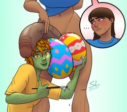 1boy 1futa 2021 balls balls_bigger_than_head big_breasts bodypaint bottomless breasts clothed clothed_male clothed_male_nude_futanari clothing dark-skinned_futanari dark_skin dickgirl duo easter embarrassed_nude_futa flaccid futa_on_male futanari green_skin huge_cock human humanoid hyper hyper_balls hyper_penis intersex kelly_(sparklinglava) larger_futanari looking_at_viewer male naked_futanari oversized_balls paintbrush painted_balls partially_clothed penis plant plant_boy plant_humanoid plant_tf raymond_(sparklinglava) sparklinglava standing