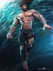 actor aquaman aquaman_2018 arthur_curry celebrity dc dc_extended_universe in_character jason_momoa long_hair male male_only melanin muscles muscular muscular_male shirtless_male silverjow tattoos underwater