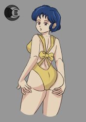 akane_tendo ass blue_hair eduard_chaiba one-piece_swimsuit ranma_1/2 short_hair small_breasts swimsuit thighs toony yellow_swimsuit