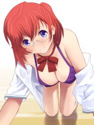 all_fours ano_natsu_de_matteru blue_eyes blush breasts commentary_request dress_shirt female glasses katatsuka_kouji large_breasts long_hair photoshop_(medium) red_hair ribbon school_uniform shirt solo swimsuit swimsuit_under_clothes takatsuki_ichika