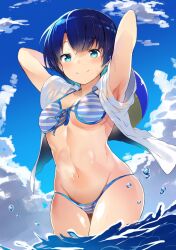 ano_natsu_de_matteru arms_behind_head arms_up bad_id bad_pixiv_id ball beachball bikini blue_bikini blue_eyes blue_hair blue_sky blush breasts closed_mouth cloud cloudy_sky day female front-tie_bikini front-tie_top highres looking_at_viewer lowleg lowleg_bikini medium_breasts navel outdoors shirt short_hair sky smile solo striped striped_bikini swimsuit tanigawa_kanna thigh_gap ultone_(neisiss) underboob wading water wet white_shirt