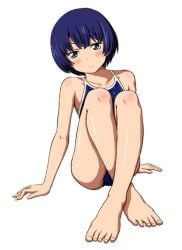 ano_natsu_de_matteru blue_hair commentary_request competition_school_swimsuit crossed_legs female green_eyes long_legs one-piece_swimsuit photoshop_(medium) school_swimsuit short_hair sitting swimsuit tanigawa_kanna zasan