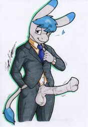 1boy aggressive_retsuko animal_genitalia animal_penis anthro asinus clothed clothing donkey equid equine equine_penis genitals hi_res male male_only mammal necktie penis rotten_owl sanrio simple_background smooth_fur solo suit tadano_(aggretsuko) traditional_media_(artwork) white_background