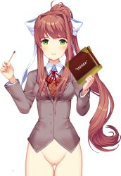 accurate_art_style angry angry_look bow brown_hair doki_doki_literature_club female green_eyes holding_object looking_at_viewer match monika_(doki_doki_literature_club) no_panties no_skirt ponytail sprite sprite_edit transparent_background uniform white_bow