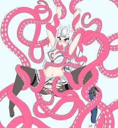 1girls 2022 anastasia_white artist_signature blush full_body horn light-skinned_female light_skin pink_tentacles sedai_one signature sylastheartist tentacle tentacle_in_mouth tentacle_on_breast tentacle_on_thigh virtual_youtuber wardrobe_malfunction white_horn