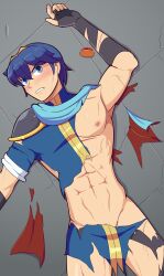 1boy abs blue_eyes blue_hair clenched_teeth defeated defeated_hero fire_emblem fire_emblem:_mystery_of_the_emblem fire_emblem:_shadow_dragon_and_the_blade_of_light frown male male_only male_pubic_hair marth_(fire_emblem) mrpenguin muscular muscular_male nintendo nude nude_male on_back pubic_hair pubic_hair_peek redraw scar short_hair solo torn_clothes upper_body