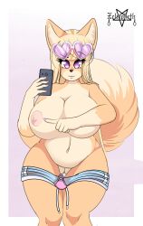 absurd_res anthro big_breasts blonde_hair bottomwear breasts canid canine canis cellphone censored chubby_female clothed clothing eyewear female fox fur genitals glasses hair hi_res ineffective_censorship inner_ear_fluff kotone_(zelripheth) mammal mirror_selfie multicolored_body multicolored_fur orange_body orange_fur partially_clothed phone pink_eyes plump_labia pussy selfie shorts shorts_down solo tuft two_tone_body two_tone_fur yellow_body yellow_fur zelripheth