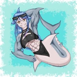 blue_hair clothed hand_behind_head mako_(monster_girl_island) monster_girl monster_girl_island muscular_female orange_eyes pixel_art shark_girl