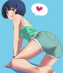 all_fours ano_natsu_de_matteru aqua_eyes arm_support ass bare_legs bare_shoulders blue_background blue_hair blue_theme blush camisole casual commentary_request digdug006 female from_behind heart legs long_legs looking_at_viewer looking_back naughty_face open_mouth short_hair short_shorts shorts simple_background smirk solo spoken_heart tanigawa_kanna thighs