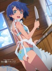 :d absurdres ano_natsu_de_matteru apron aqua_eyes ass bangs bikini blue_hair blush cooking dengeki_moeou dutch_angle female hair_ornament hairclip halter_top halterneck highres holding holding_knife knife looking_at_viewer looking_to_the_side magazine_scan nearly_naked_apron official_art open_mouth round_teeth scan short_hair smile solo swimsuit tanaka_masayoshi tanigawa_kanna teeth