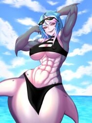 blue_hair clothed hands_behind_head mako_(monster_girl_island) monster_girl monster_girl_island muscular_female orange_eyes pokies shark_girl