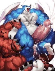 abs ambiguous_penetration anthro balls bandai_namco biceps big_balls big_muscles big_penis bodily_fluids claws cum digimon digimon_(species) duo excessive_cum exveemon gay genital_fluids genitals growlmon hand_on_penis hi_res huge_balls huge_cock huge_muscles hyper hyper_balls hyper_genitalia hyper_muscles hyper_penis kitora male male/male male_only muscular nude open_mouth pecs penetration penis saliva simple_background stomach_bulge sweat tongue tongue_out vein veiny_muscles veiny_penis yaoi