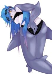 blue_hair looking_at_viewer looking_back mako_(monster_girl_island) monster_girl monster_girl_island muscular_female on_knees orange_eyes presenting_hindquarters removing_clothing shark_girl