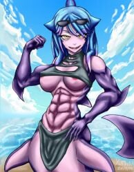 blue_hair looking_at_viewer mako_(monster_girl_island) monster_girl monster_girl_island muscular_female nipple_slip orange_eyes shark_girl