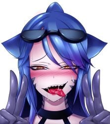 ahe_gao blue_hair blush drooling mako_(monster_girl_island) monster_girl monster_girl_island muscular_female noseless open_mouth orange_eyes peace_sign shark_girl tagme tongue tongue_out