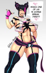 1girls big_breasts breasts capcom dialogue duo_kawa english_text eye_contact female_focus female_only fingerless_gloves gloves huge_breasts juri_han legwear looking_at_viewer nipple_bulge pink_eyes solo speech_bubble standing street_fighter text thick_thighs wide_hips