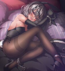 absent bare_shoulders black_gloves black_high_heels blush bondage bound_arms bound_legs bound_wrists bunny_ears bunny_girl bunny_tail bunnysuit cleavage fake_animal_ears female_only grey_hair hair_between_eyes hololive hololive_japan holox long_gloves looking_at_viewer medium_breasts medium_hair oerba_yun_fang open_mouth pantyhose playboy_bunny red_eyes sakamata_chloe shackles solo_focus sweat thick_thighs thighs underwear virtual_youtuber wide_hips