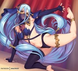 1girls alternate_costume amber_eyes azura_(fire_emblem) azura_(performing_arts)_(fire_emblem) bare_legs barefoot belly_dancer belly_dancer_outfit black_panties blue_hair dancer dancing draltruist elbow_gloves female female_only fire_emblem fire_emblem_fates gloves long_hair looking_at_viewer medium_breasts mouth_veil nintendo official_alternate_costume panties see-through smile underwear veil