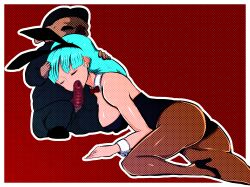 1boy1girl bulma_(bunny) bulma_briefs bunny_ears bunny_girl clothed dragon_ball hman interspecies licking licking_penis male oolong