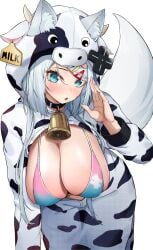 1girls :o bell belly_button big_breasts bikini bikini_top blue_eyes blush blushing_at_viewer breasts breasts_outside collar cow_costume cow_suit fox_ears hi_res highres light-skinned_female light_blue_hair light_skin long_hair meridian_project mizuki_(vtuber) ouka_rara_(oukafafafa) simple_background solo virtual_youtuber white_background