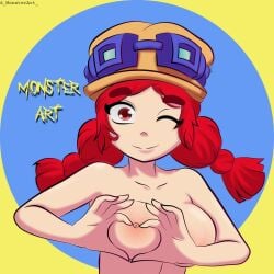 2021 areolae brawl_stars breasts busty female female_focus heart-shaped_boob_challenge heart_hands jessie_(brawl_stars) monsterart nipples nude nude_female nudity tagme