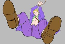 1boy clothed cwy diamond_is_unbreakable erection_under_clothes footwear hands_tied jojo's_bizarre_adventure male_only shoes solo yoshikage_kira