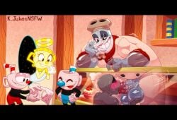 anonymous_character artist_name ball_fondling bara biceps blowjob chef_saltbaker chubby_male cuphead cuphead:_the_delicious_last_course cuphead_(game) dessert dominant_male female grin handwear huge_balls huge_cock k_jukesnsfw kidde_jukes legendary_chalice male ms._chalice mugman muscles redraw screencap screenshot