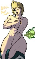 1boy 1girls abs big_breasts blonde_hair breasts breasts_out cleavage clothes covered_nipples covering covering_breasts covering_crotch dialogue female female_focus female_only genderswap hensket izuku_midoriya lips mirio_togata muscles muscular muscular_female muscular_male my_hero_academia nude nude_female rule_63 scar short_hair smile solo solo_female solo_focus