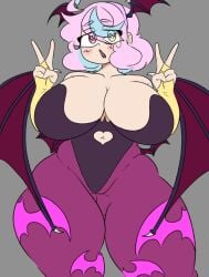 bat_wings belly_button big_breasts blush breasts cleavage clothing cosplay darkstalkers female grey_background heart-shaped_pupils inakotho large_breasts morrigan_aensland_(cosplay) open_mouth pantyhose pink_hair simple_background tagme thick_thighs wide_hips wings