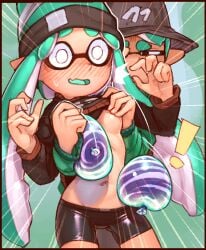 ! assisted_exposure blush fake_breasts female inkling inkling_girl nintendo no_bra open_clothes open_mouth shirt_lift splatoon tagme undressing wamudraws